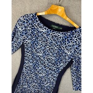 Lauren Ralph Lauren Blue Geometric Print Knee Length Dress‎ Size 10 Slimming Cut